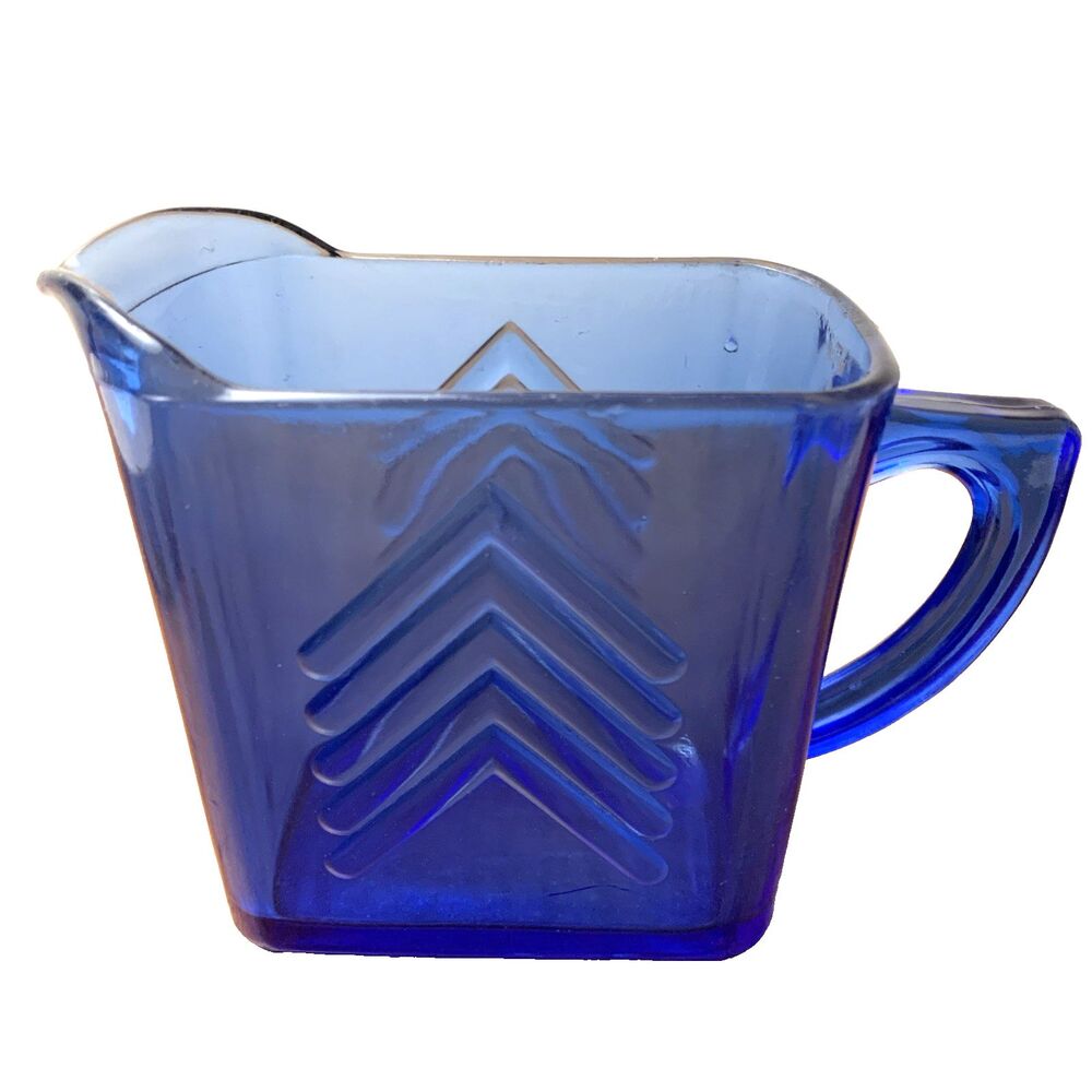 Hazel-Atlas Chevron Cobalt Blue Creamer 12 oz Pitcher Flat 1930s Vintage